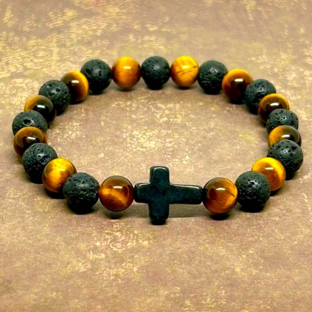 Handmade Men’s Cross Bracelet with Tiger’s Eye and Volcanic Stones!